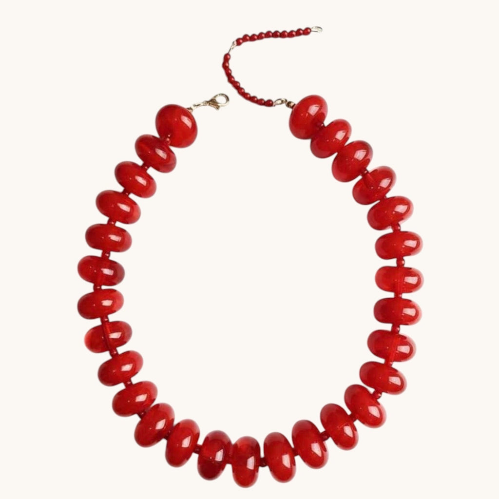 Home-Industry South Africa crimson red glossy resin bead necklace, 50cm length, with a lobster clasp closure.