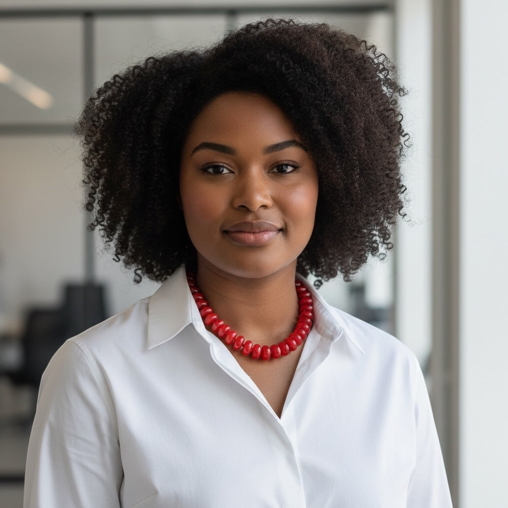 Home-Industry South Africa crimson red glossy resin bead necklace on a woman wearing a white shirt.