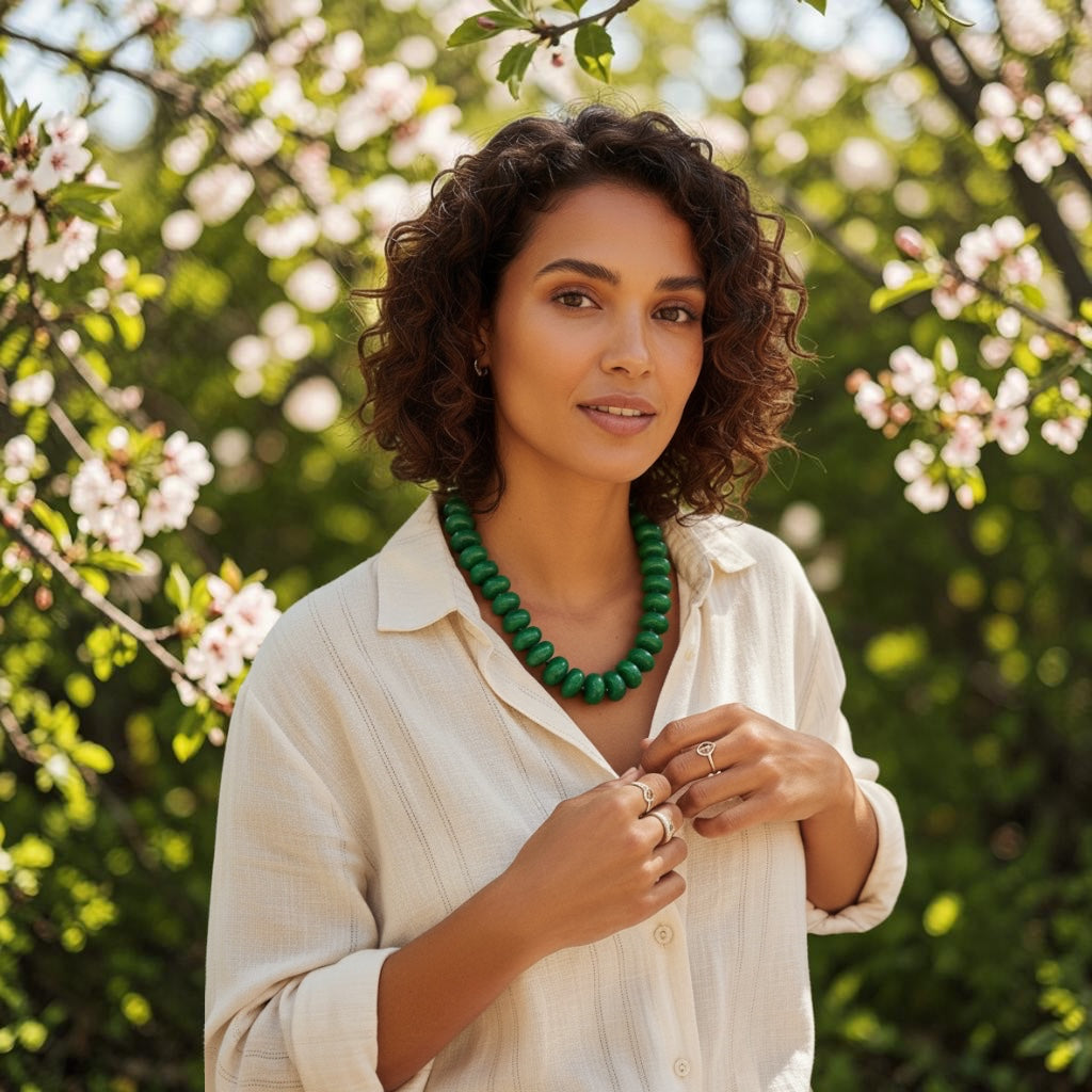 Home-Industry South Africa woman wearing emerald green glossy resin bead necklace