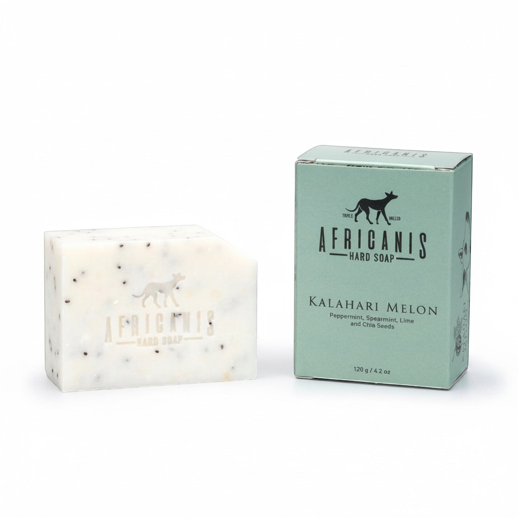 Home-Industry South Africa AFRICANIS Kalahari Melon hard soap bar with exfoliating chia seeds and mint lime scent