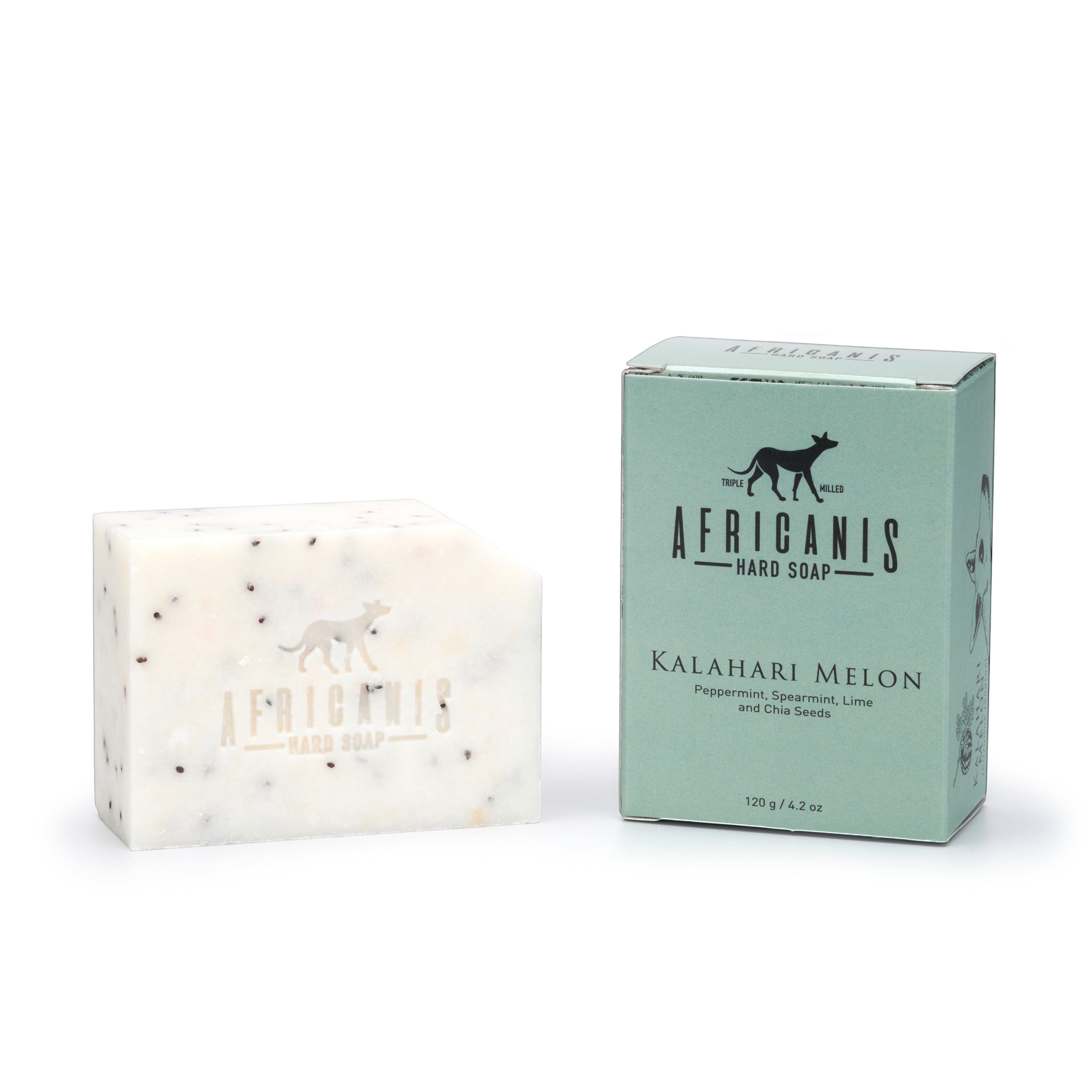 Home-Industry South Africa Africanis Kalahari Melon hard soap bar with chia seeds next to its light green box.