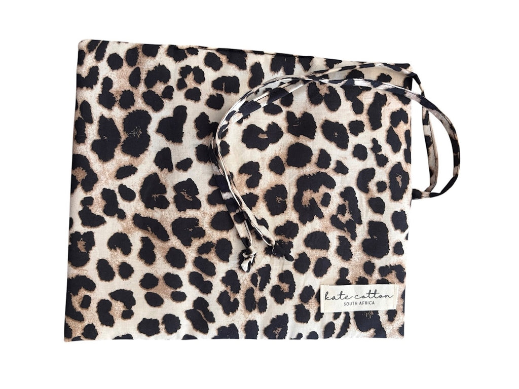 Home-Industry South Africa leopard print fabric jewellery roll with tie closure and kate cotton brand label