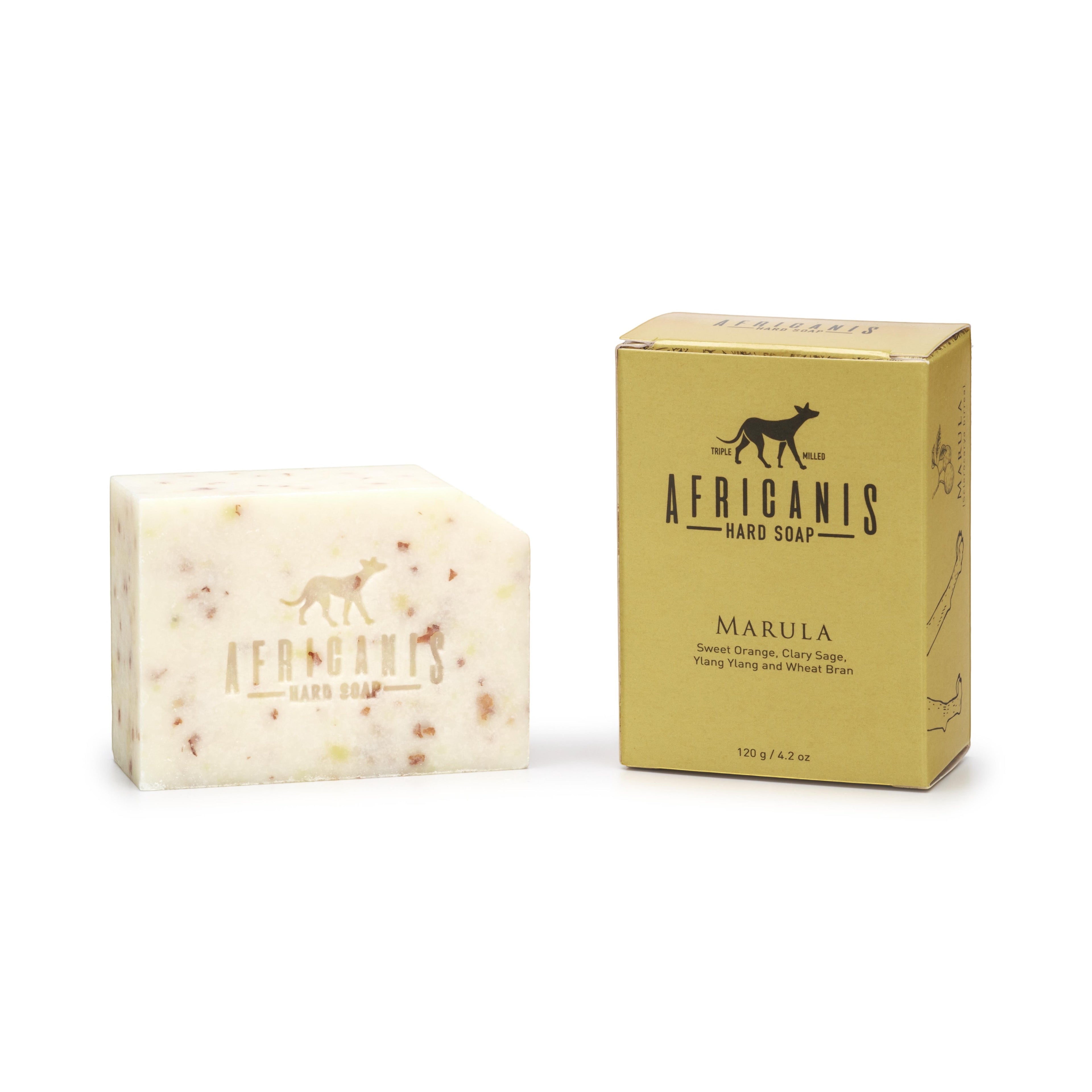 Home-Industry South Africa Africanis Marula hard soap bar and matching gold box packaging with botanical ingredients.