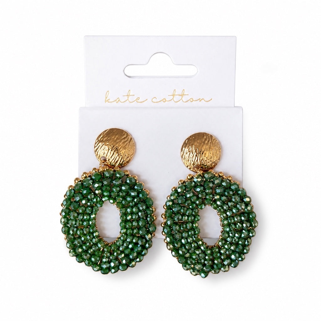 Home-Industry South Africa Halo Sage beaded statement earrings featuring green crystal beads and textured gold studs.