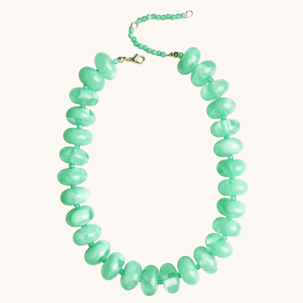 Home-Industry South Africa seafoam green flattened disc gemstone statement necklace with secure clasp.
