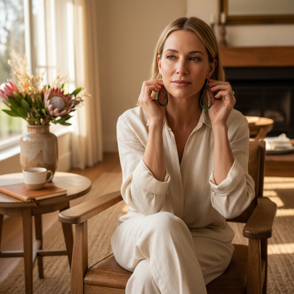 Woman wearing Home-Industry South Africa Willow green beaded teardrop earrings with gold-tone hooks in a sunlit room.