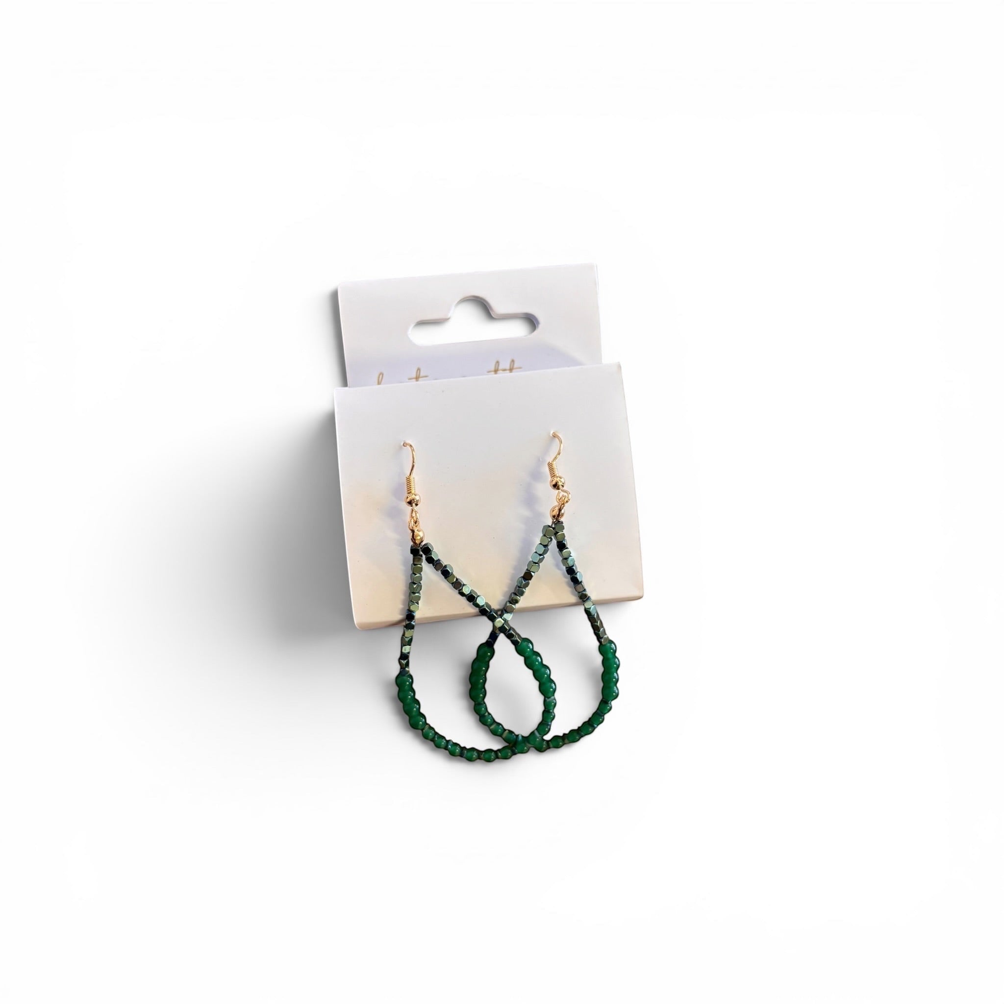Home-Industry South Africa Willow green beaded teardrop earrings with faceted crystal and natural stone beads.