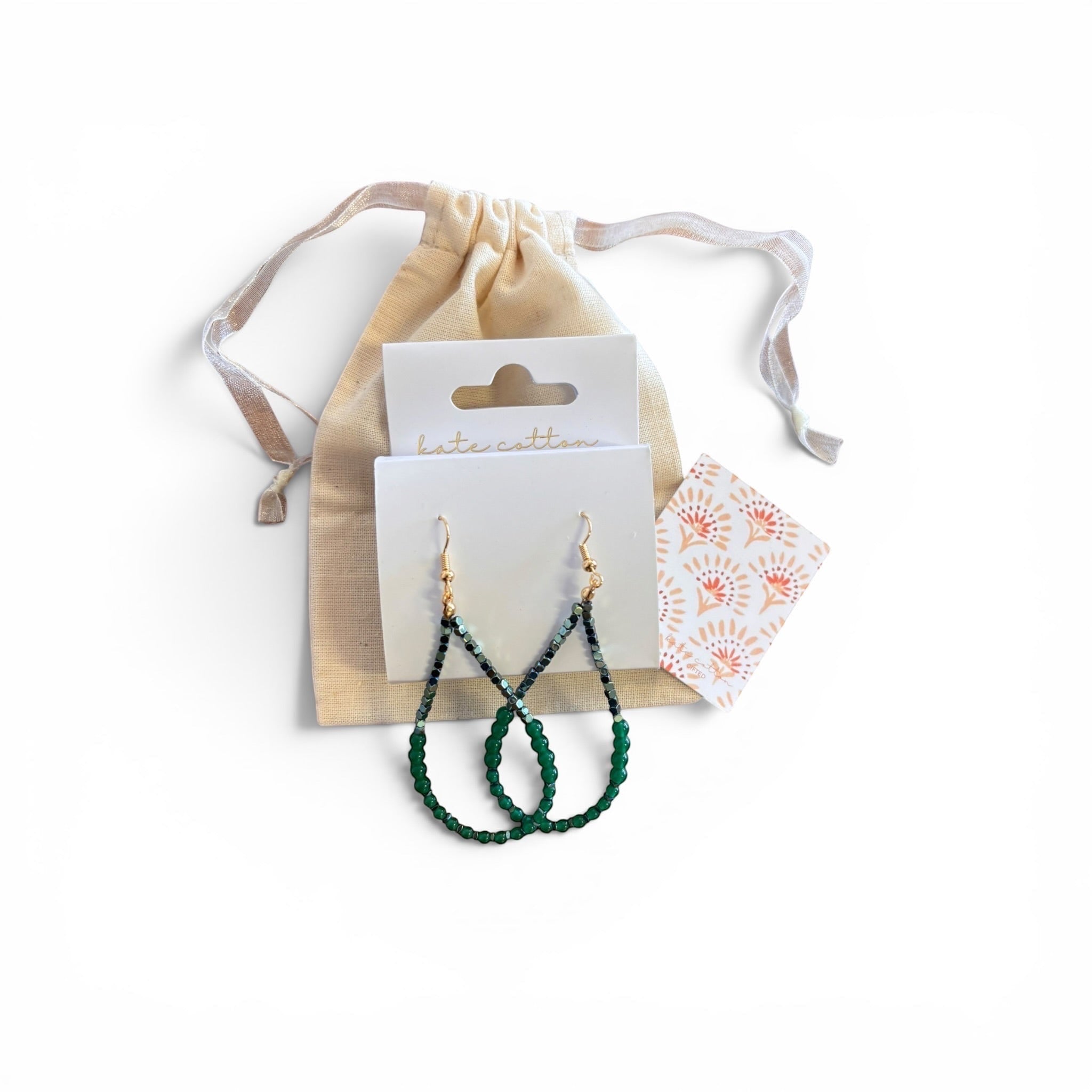 Home-Industry South Africa Willow green beaded teardrop earrings with gold-tone hooks and cotton gift pouch.