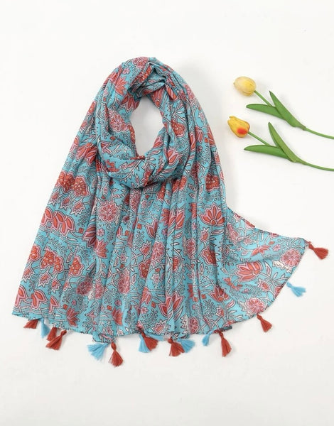 Boho Floral Print Tassel Decor Scarf - Turquoise and Pink