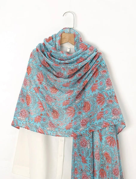 Boho Floral Print Tassel Decor Scarf - Turquoise and Pink