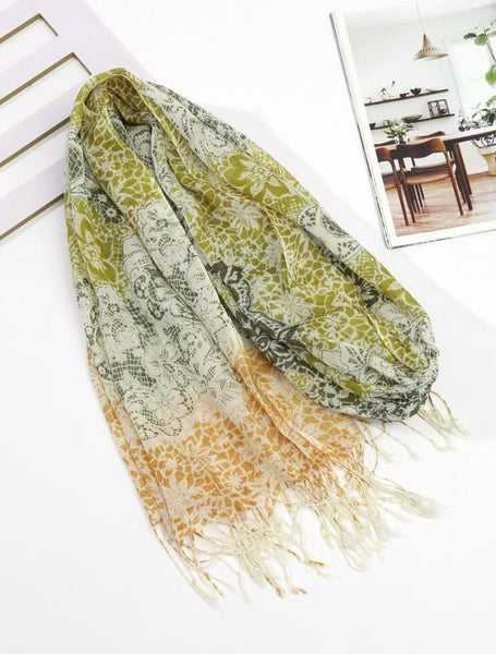 Delicate Floral Pattern Fringe Trim Scarf - Ochre and Green