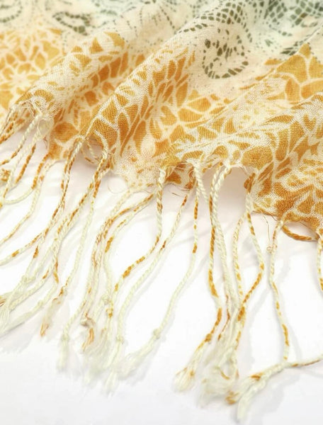 Delicate Floral Pattern Fringe Trim Scarf - Ochre and Green