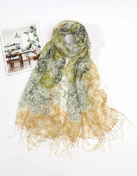 Delicate Floral Pattern Fringe Trim Scarf - Ochre and Green