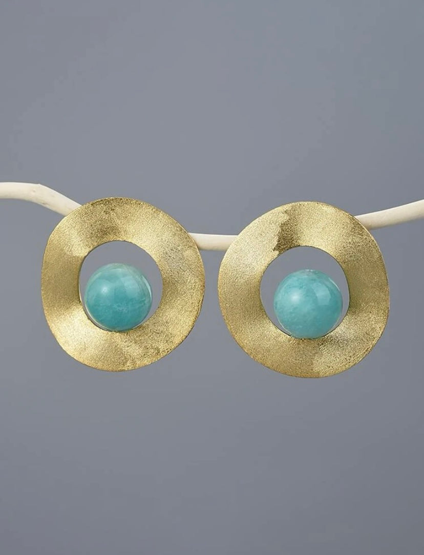 Turquoise Bead Decor Round 925 Silver Earrings ( Gold Plated )