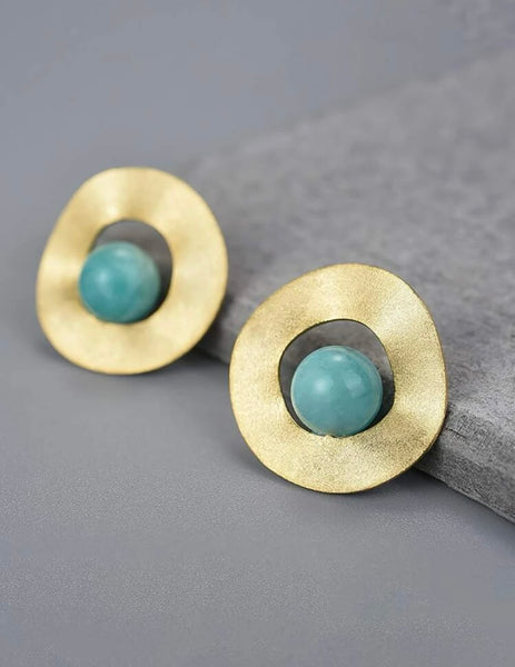 Turquoise Bead Decor Round 925 Silver Earrings ( Gold Plated )
