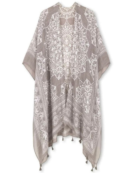 Tassel Trim Kimono - Light Grey